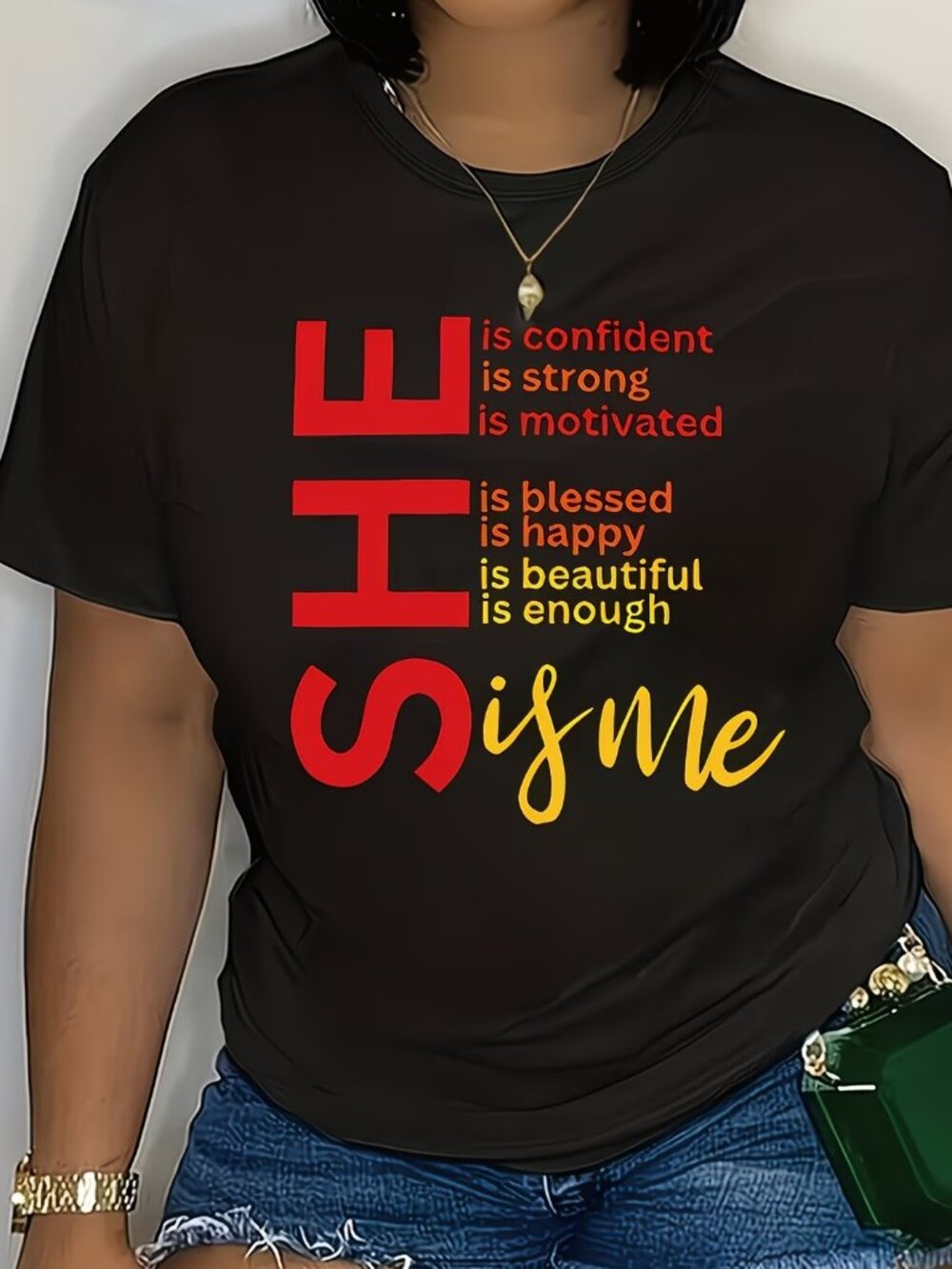 NWT Ladies Large T-Shirt Tee Black Cotton She Is Me Blessed, Strong, Enough